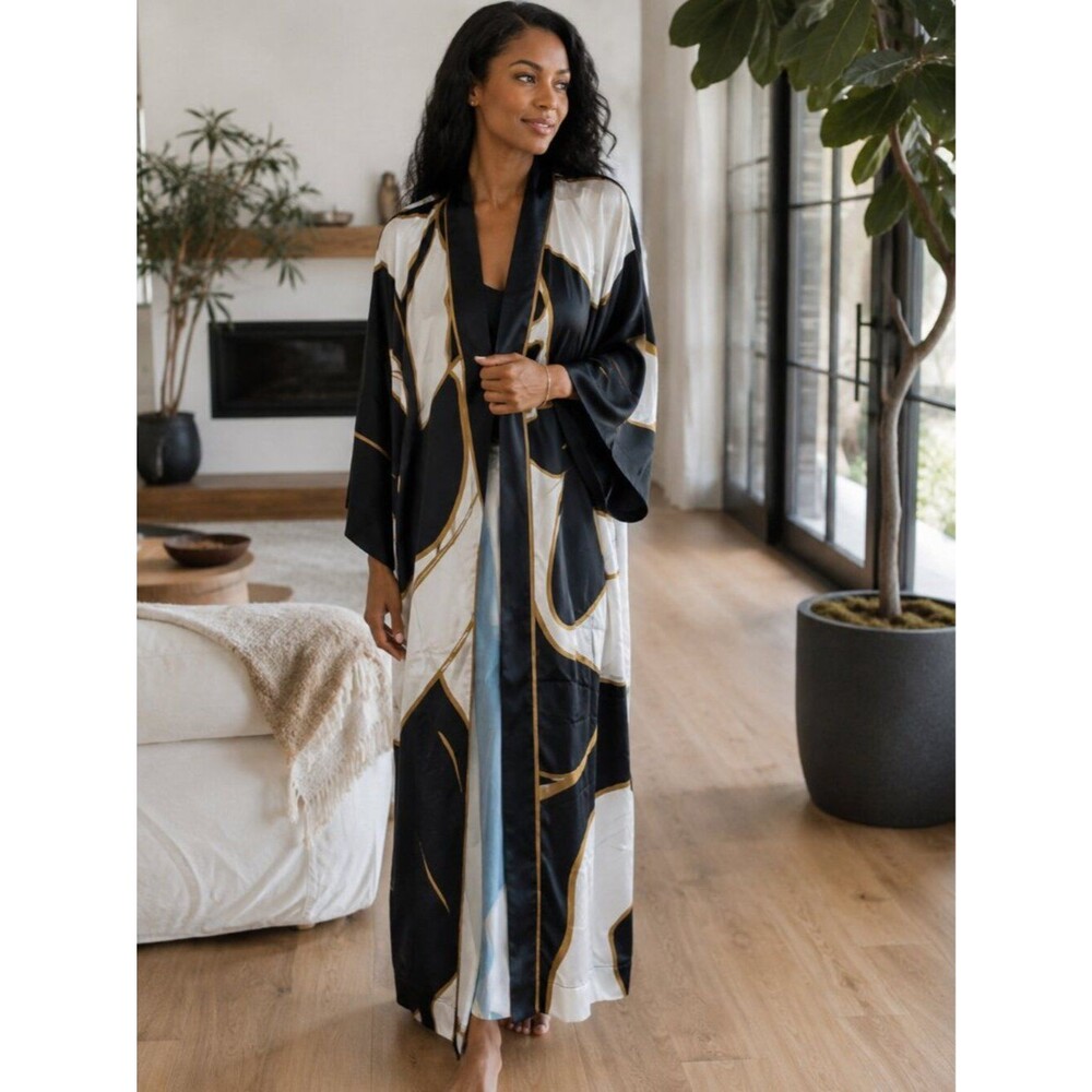 Soma Long Satin Kimono Robe Abstract Print Lounge Cover-Up XL NWOT